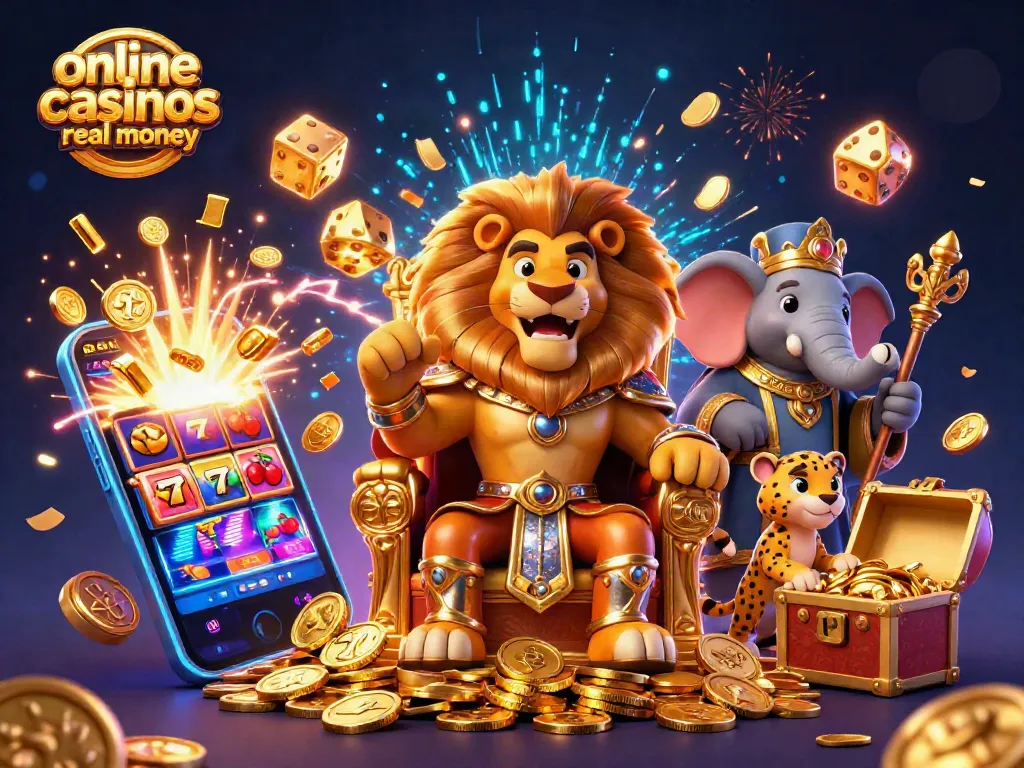 Experience the excitement of online casinos real money with lions, elephants, and slot machines bursting with coins.