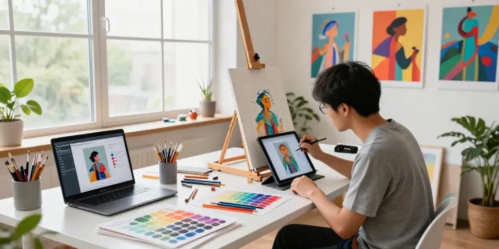 Creating vivid digital art using an affordable AI concept art generator in a bright studio.