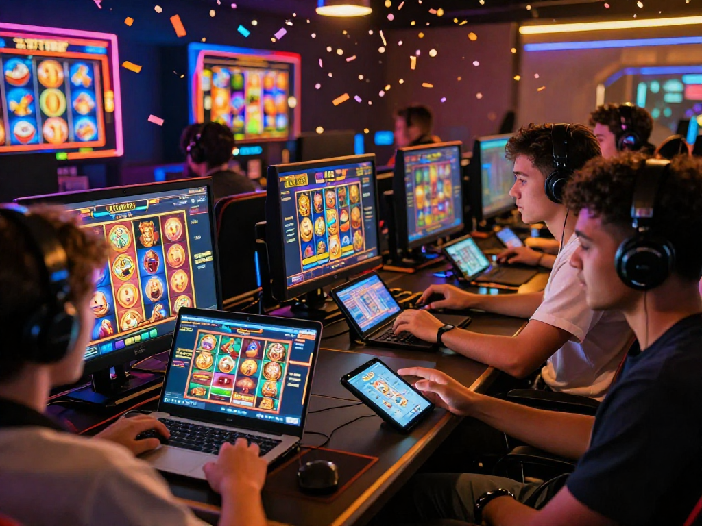Slot88: pemain menikmati permainan slot online dengan suasana meriah, layar penuh tema dan jackpot menarik.