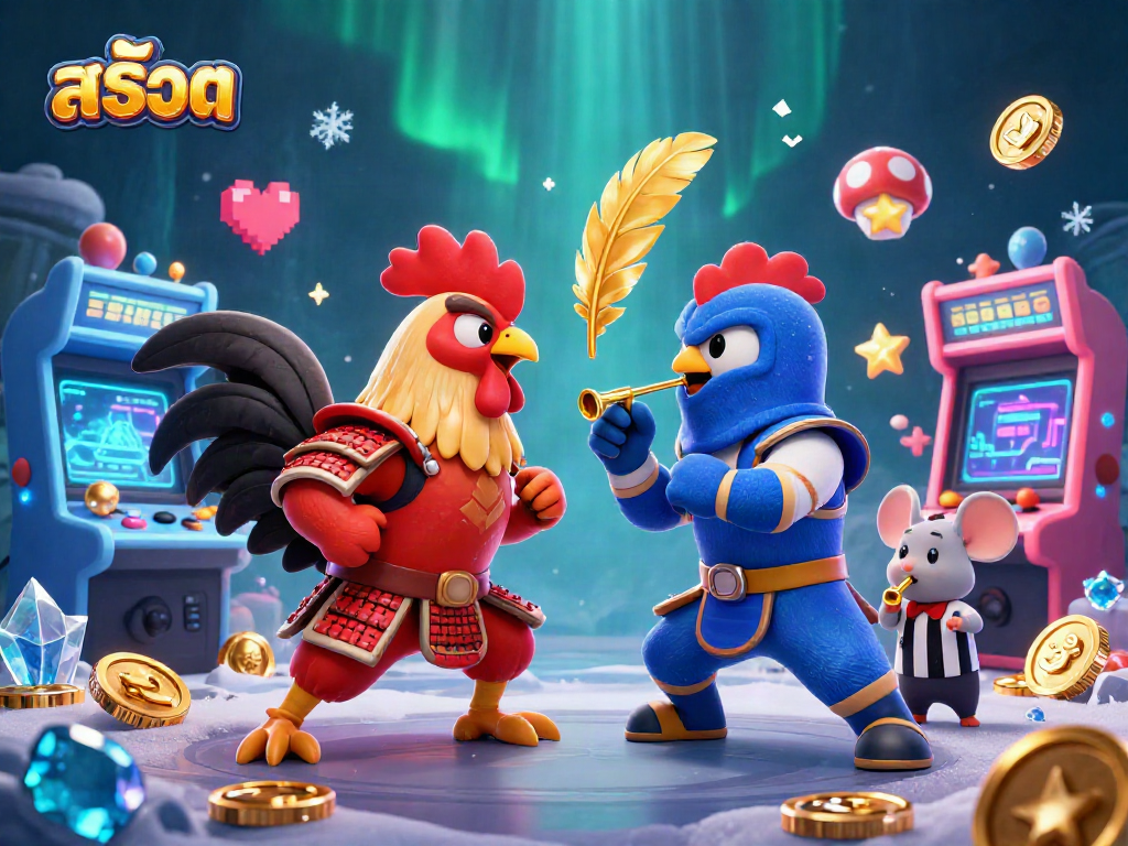 Engage with สล็อต in a lively 3D arcade scene featuring fighting roosters and dynamic casino elements.