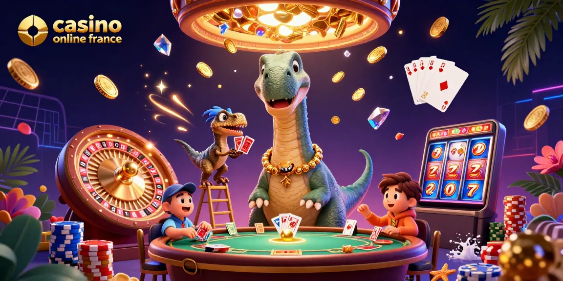 Plongez dans l'univers du casino en ligne France avec une illustration captivante du brontosaurus surplombant une table de poker.