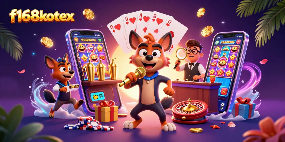 f168kotex hyena comedians performing at a vibrant casino scene with slot games and cocktails