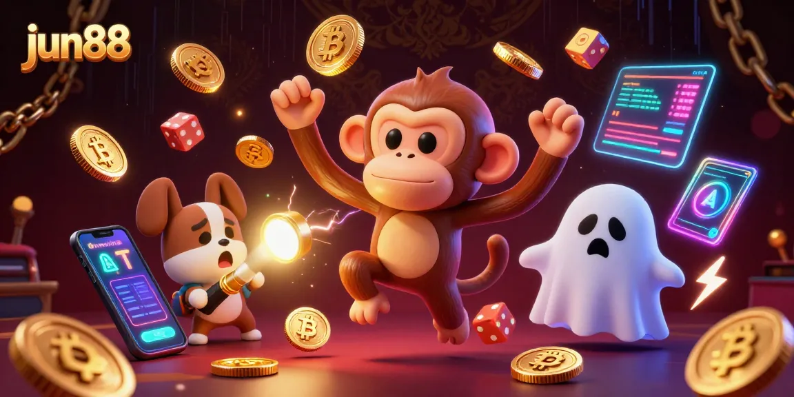 Experience thrilling play at jun88 with a lively casino scene featuring a poltergeist monkey and a ghost-hunter puppy.