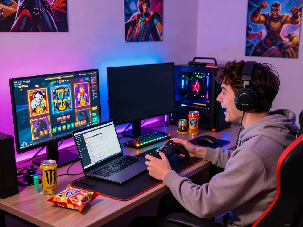 Bermain slot777 dengan semangat di setup gaming modern, monitor menampilkan grafis permainan yang cerah.