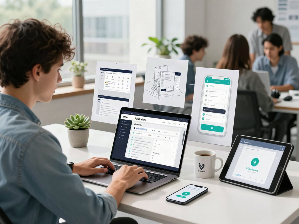 Download Pikashow Apk with a developer working on mobile app design in an innovative office.