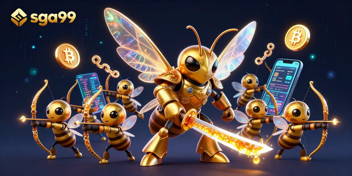 Engage in thrilling games at sga99 with a dynamic 3D illustration showcasing crypto elements.