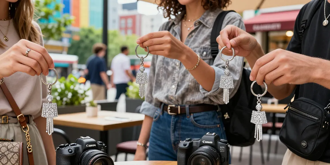 Custom diamond keychain displayed in an urban café, showcasing personal style and vibrant designs.