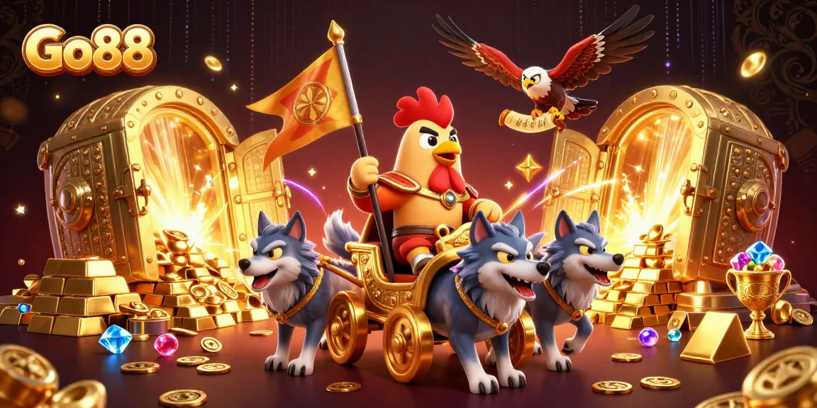 Experience thrilling gameplay with Go88, featuring a rooster warlord and golden treasures.