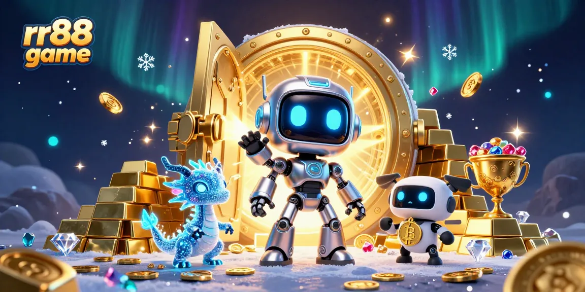 Engage in the exciting rr88 game with a dynamic 3D gaming illustration featuring a cyberpunk robot, a holographic dragon, and vibrant treasures.