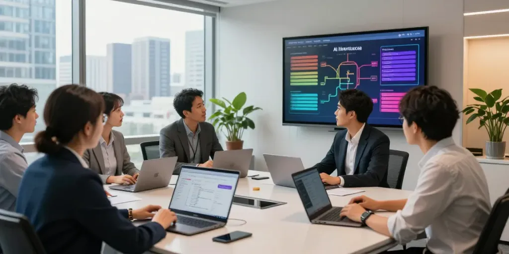 Team discussing AI inference strategies in a modern office setting.