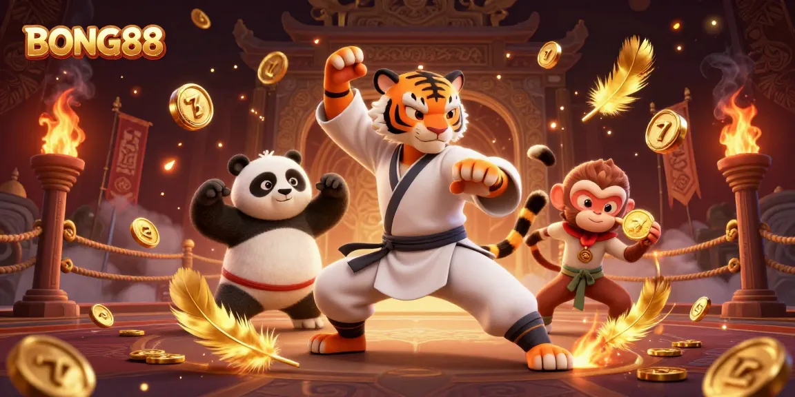 BONG88 showcases a dynamic 3D casino scene with characters and vibrant slot elements, capturing the thrill of gaming.