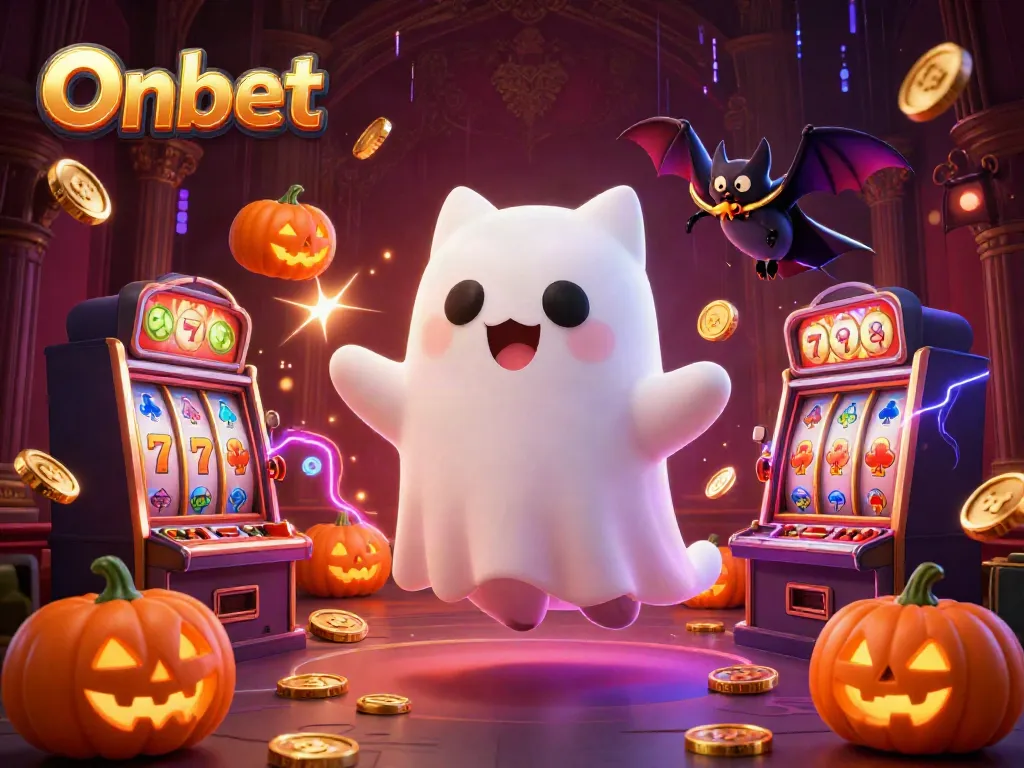 Experience thrilling wins at Onbet with a lively ghost cat floating through a haunted casino mansion.