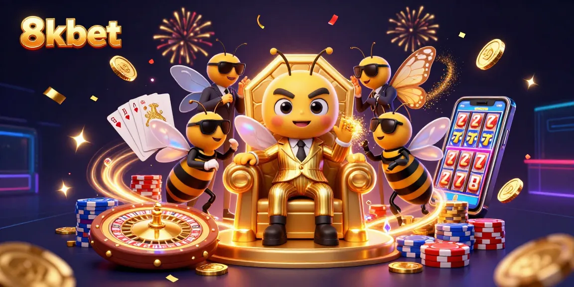 Engage with 8xbet through vibrant 3D illustration of casino elements and characters.