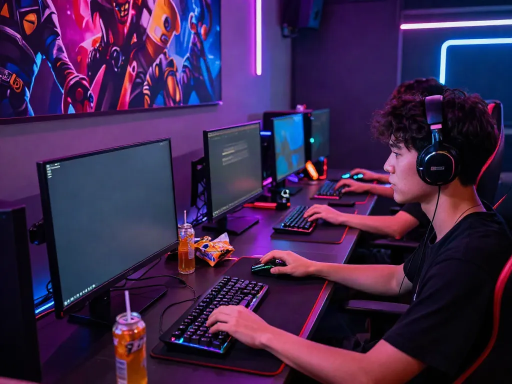 Gamer enjoying สล็อตเว็บตรง in a vibrant, high-tech gaming setup with neon lights and gaming gear.