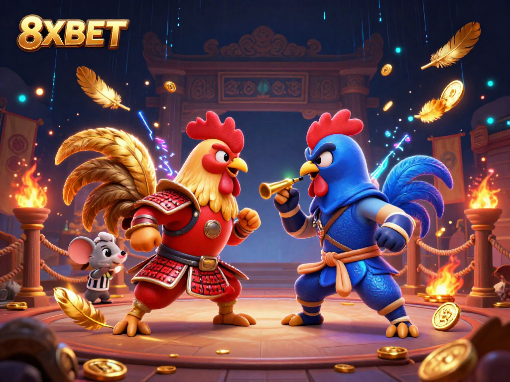 Watch roosters clash at 8XBET's thrilling fighting tournament in an action-packed scene.