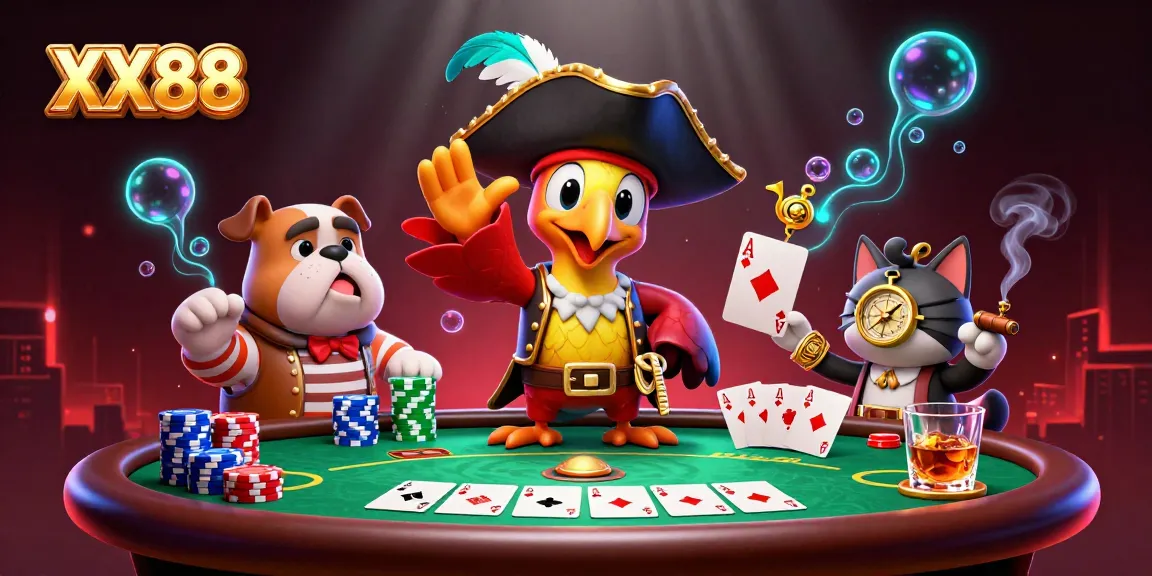 Experience thrilling poker action with XX88 as a pirate captain and crew strategize at the table.