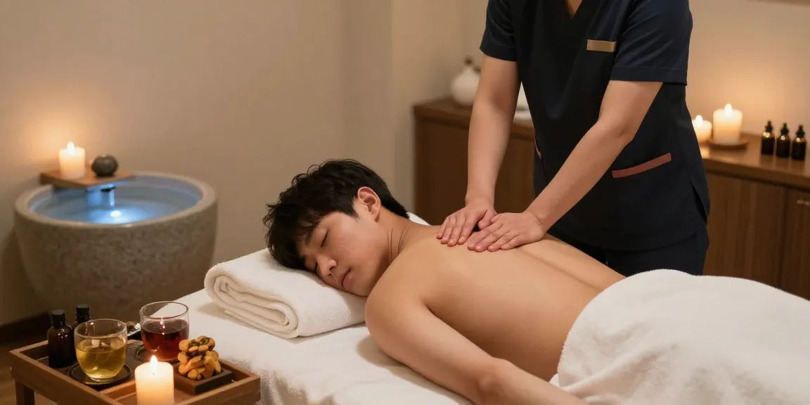 천안오피에서 편안한 마사지 서비스를 제공받는 장면, 부드러운 조명과 아로마 향이 가득한 공간에서 힐링하는 모습.