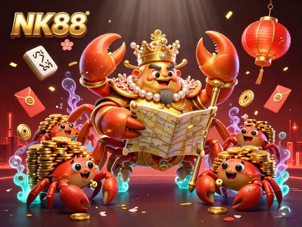 Engage with NK88's thrilling casino experience featuring a golden crab emperor and vibrant elements.