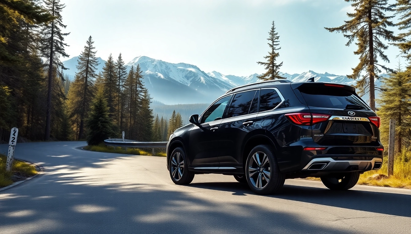 Luxury car service vancouver to whistler SUV parked in scenic mountain view.