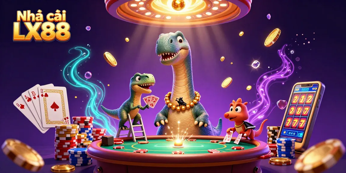 Engage in gaming excitement with Nhà cái LX88 in a vibrant casino scene featuring cartoon dinosaurs.