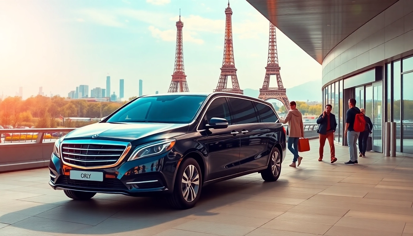 Enjoy a seamless Orly Airport to Paris Transfer in a luxury vehicle against the Paris skyline.