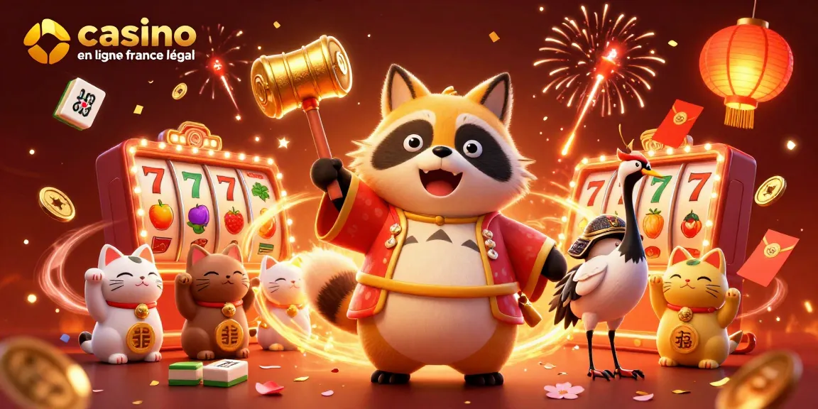 Illustration 3D d'un tanuki et un crane représentant un casino en ligne légal en France, avec des éléments de jeux variés.