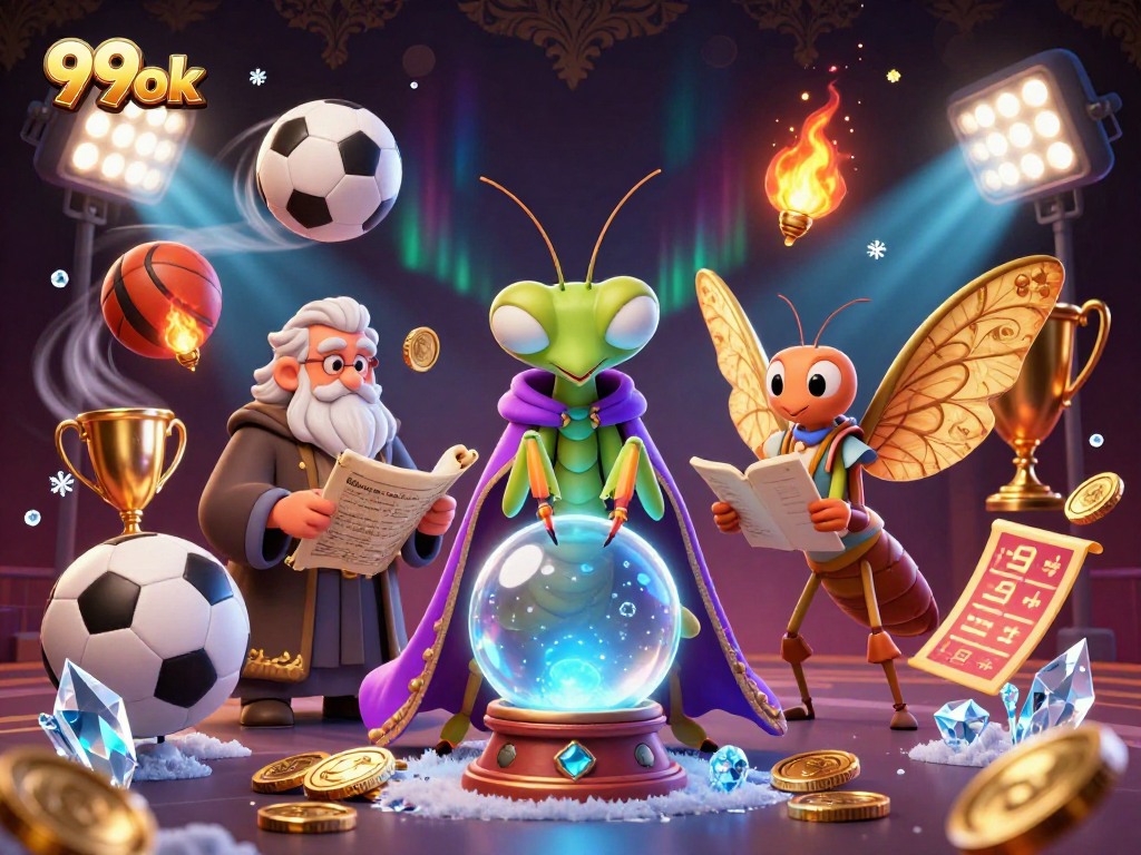 Engage with 99ok’s vibrant casino scene showcasing a praying mantis fortune teller and sports betting elements.