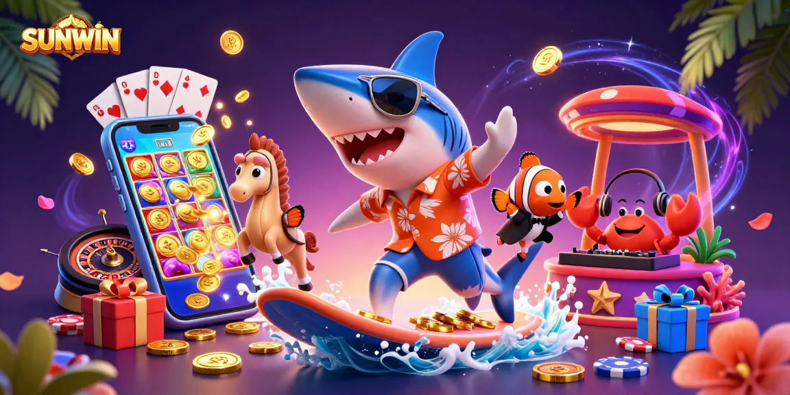 SUNWIN players enjoy a vibrant underwater casino scene with a shark, seahorse, and DJ crab amid gold coins and gaming elements.