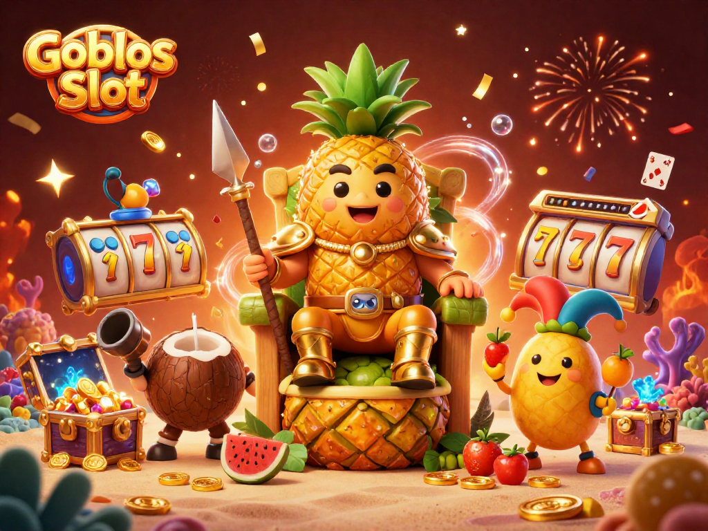 Experience thrilling gameplay on Goblos Slot with vibrant characters and explosive treasures in a casino setting.