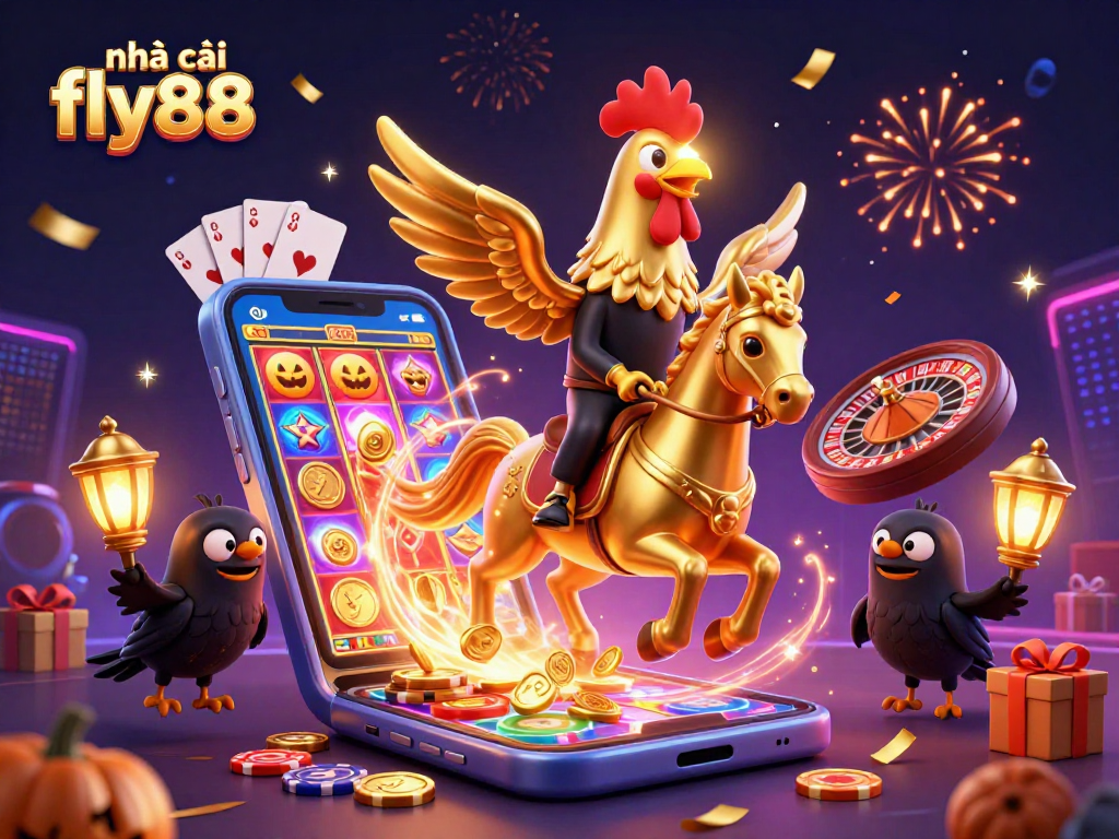 Experience the thrill of nhà cái fly88 in this vivid 3D casino scene filled with golden glimmers and action.