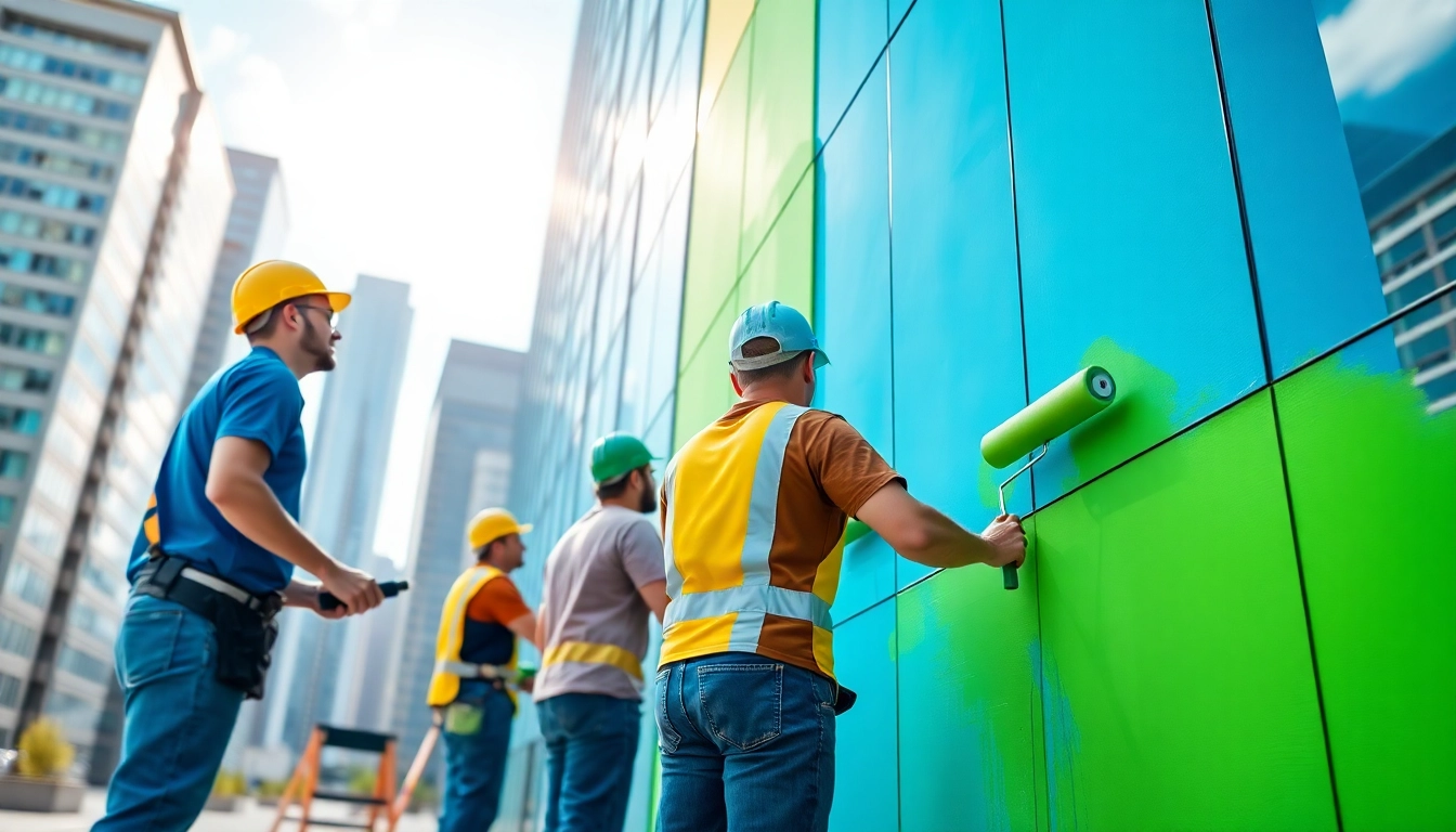 Showcasing commercial painting with a team at work on a vibrant office building exterior.