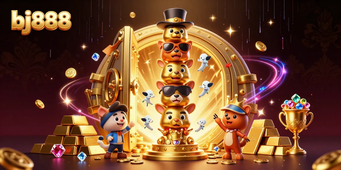 Engage with the vibrant world of bj888, where a golden totem pole radiates excitement amidst treasures and casino elements.