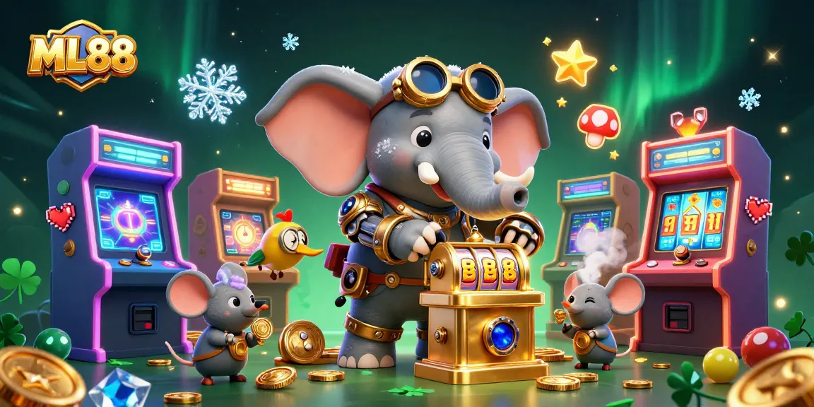 Experience casino excitement at ML88 with a steampunk elephant winning at a slot machine amid vibrant arcade action.