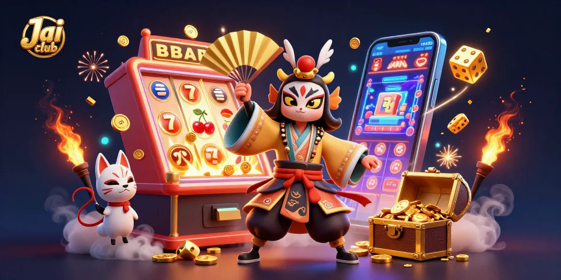 Engage with dynamic slots gameplay at Jai club, illustrated with a kabuki warrior and vibrant casino symbols.