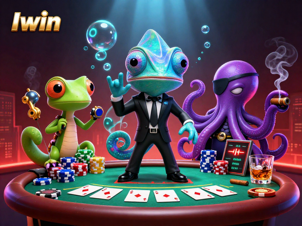 Iwin themed poker showdown with a secret agent chameleon, tech gecko, and a villainous octopus.