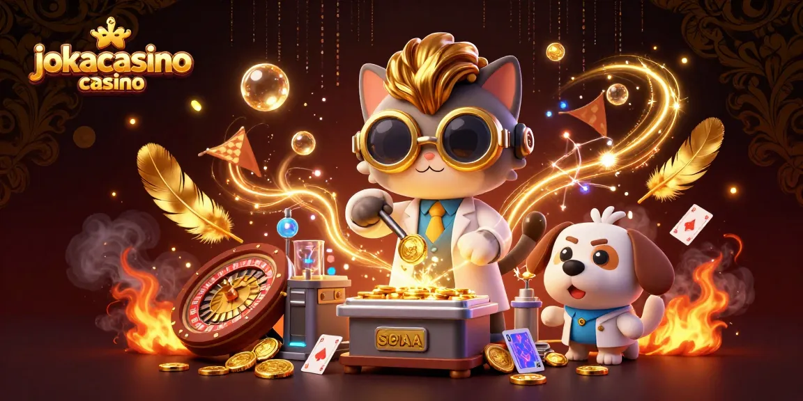 Engage with the thrilling jokacasino casino atmosphere featuring a mad scientist cat, gold coins, and vibrant energy.