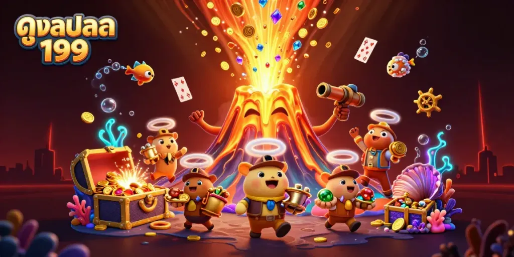 Engage with ดูบอลสด 199 through an exciting 3D explosion of gold and treasures in a lively gambling scene.