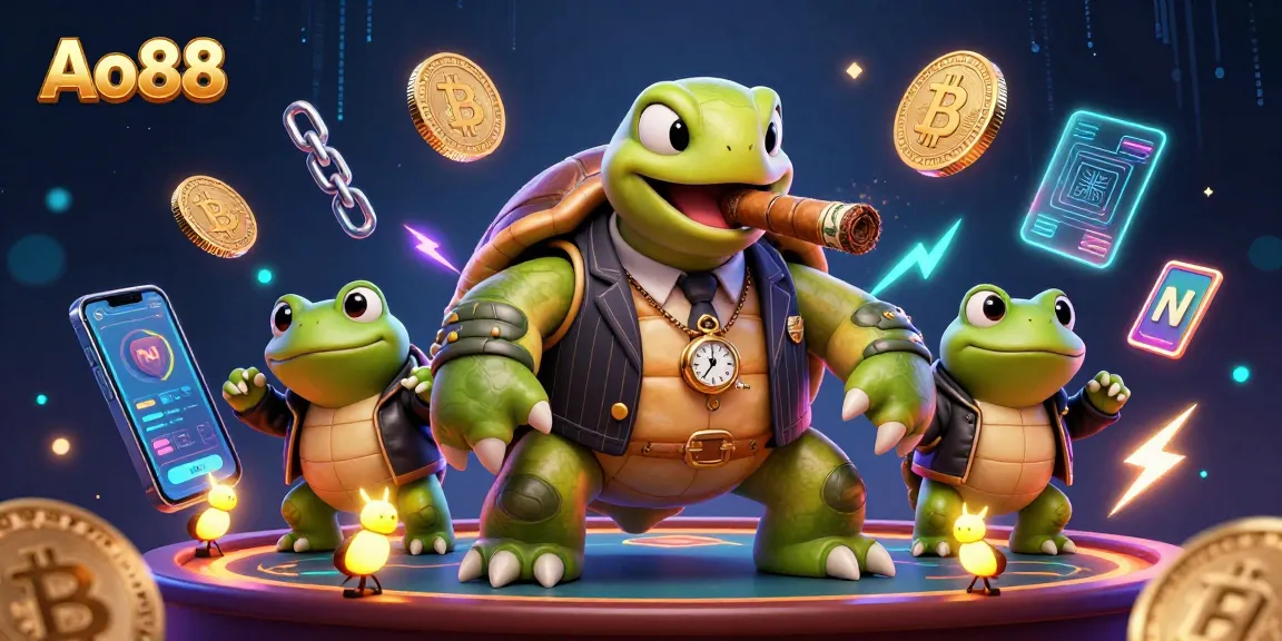 Ao88 showcases a lively 3D casino scene with a turtle mobster and bullfrog enforcers among crypto coins.