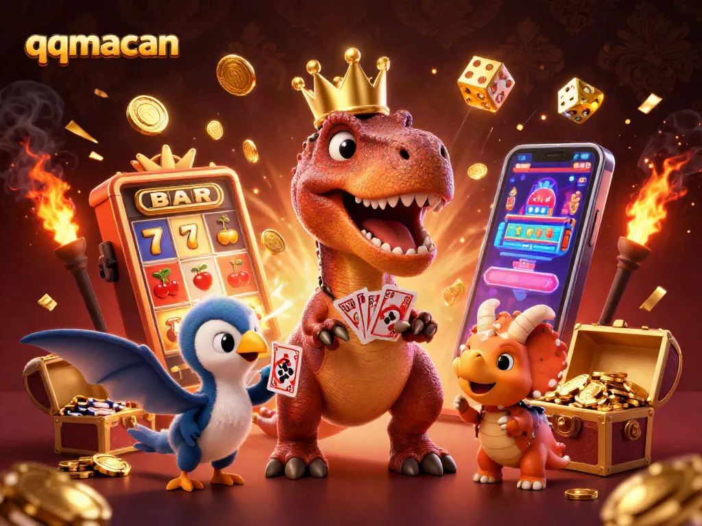 Engage with qqmacan's thrilling casino scene featuring a playful T-Rex shuffling cards with vibrant jackpot elements.