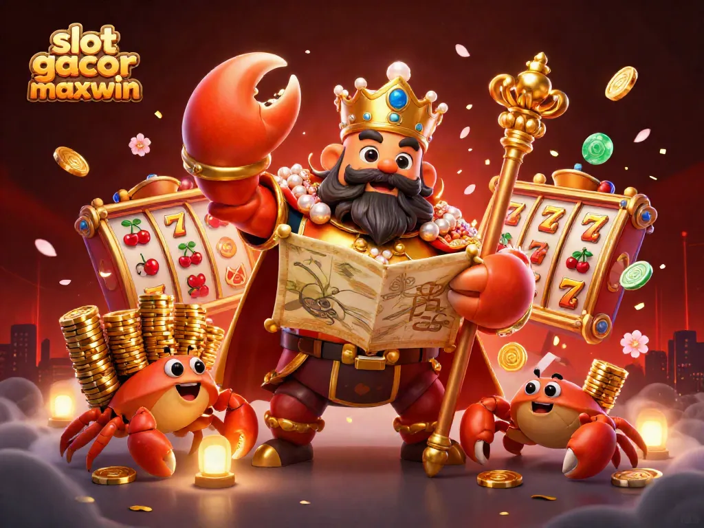 Menangkan slot gacor maxwin dengan ilustrasi 3D yang memperlihatkan kepiting emas besar dan elemen permainan kasino yang berwarna-warni.