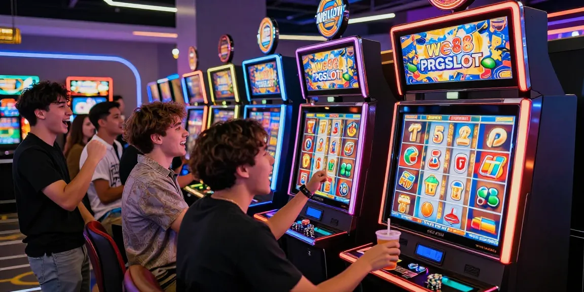 Group of friends enjoying we88 PGSLOT at a vibrant casino, celebrating wins and excitement.