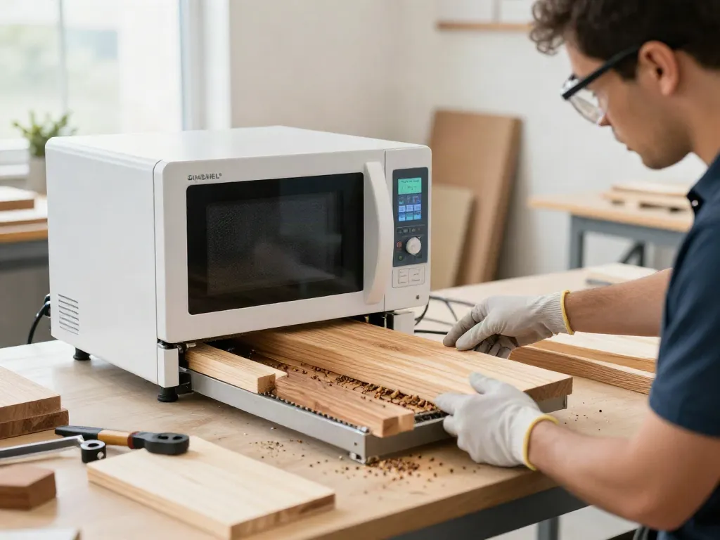 SHASHEL® microwave treatment for woodworm elimination in a modern workshop.