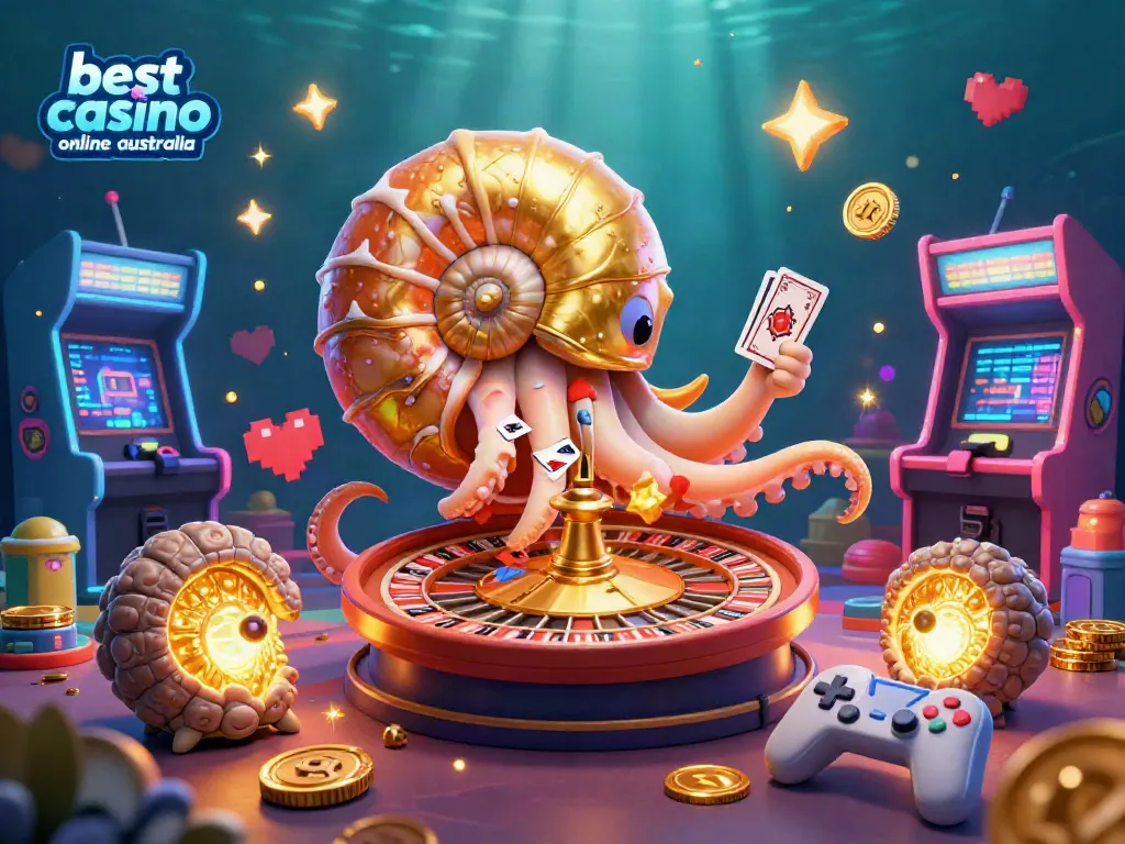 Engaging 3D illustration showcasing the best casino online Australia with a giant nautilus roulette wheel, promising excitement and fun.