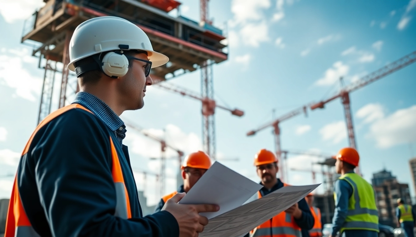 New York Construction Manager leading a team at a busy construction site with cranes and safety gear.