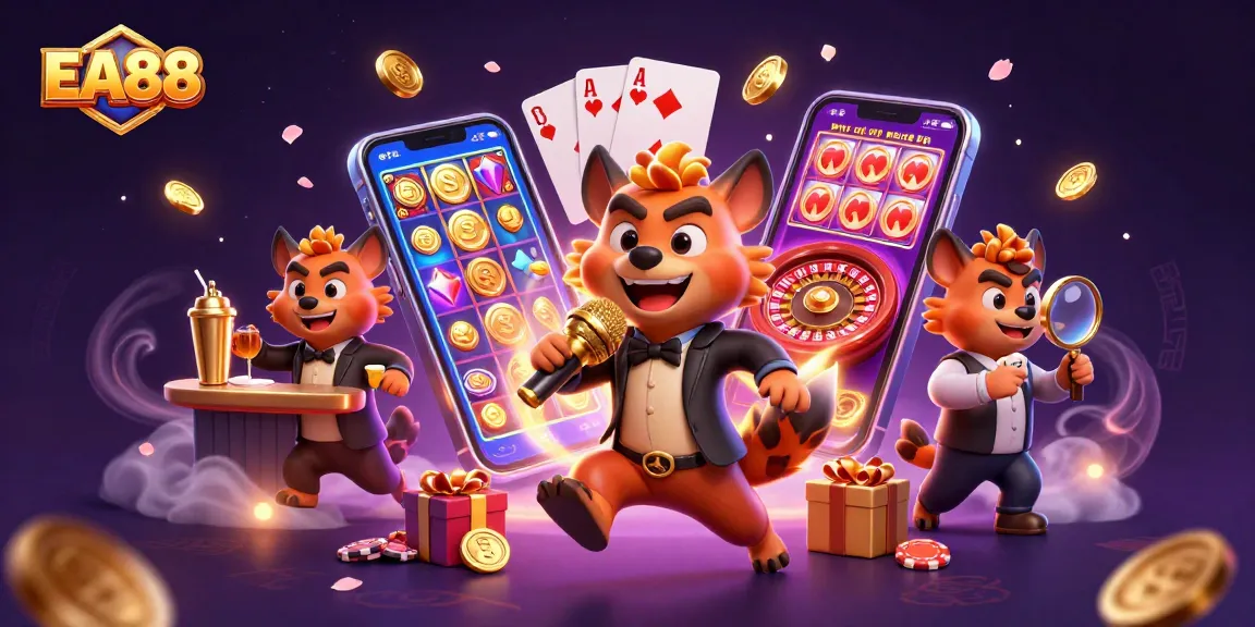 EA88 engages players with lively hyenas at a casino, showcasing dynamic gambling action.