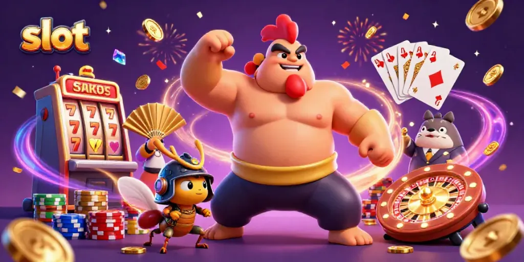 Mainan slot dengan karakter sumo dan sambil gurau, suasana penuh koin emas.