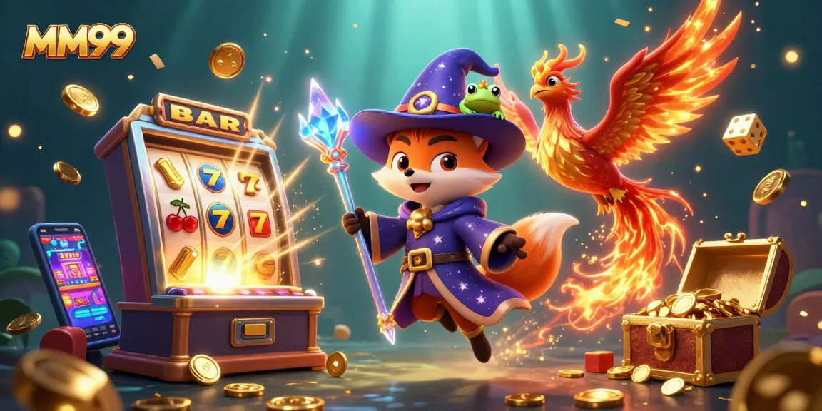 Experience MM99's thrilling slots and poker with a mystical fox and phoenix illustration.