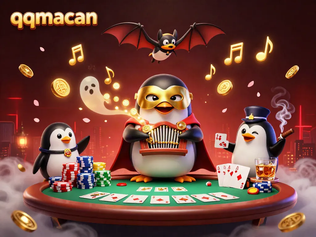 Experience the thrill of qqmacan as a cartoon penguin plays a golden coin organ amidst a vibrant casino scene.
