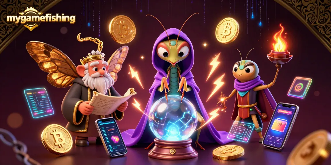 Engage with mygamefishing through a mystical 3D scene showcasing fortune-telling and crypto elements.