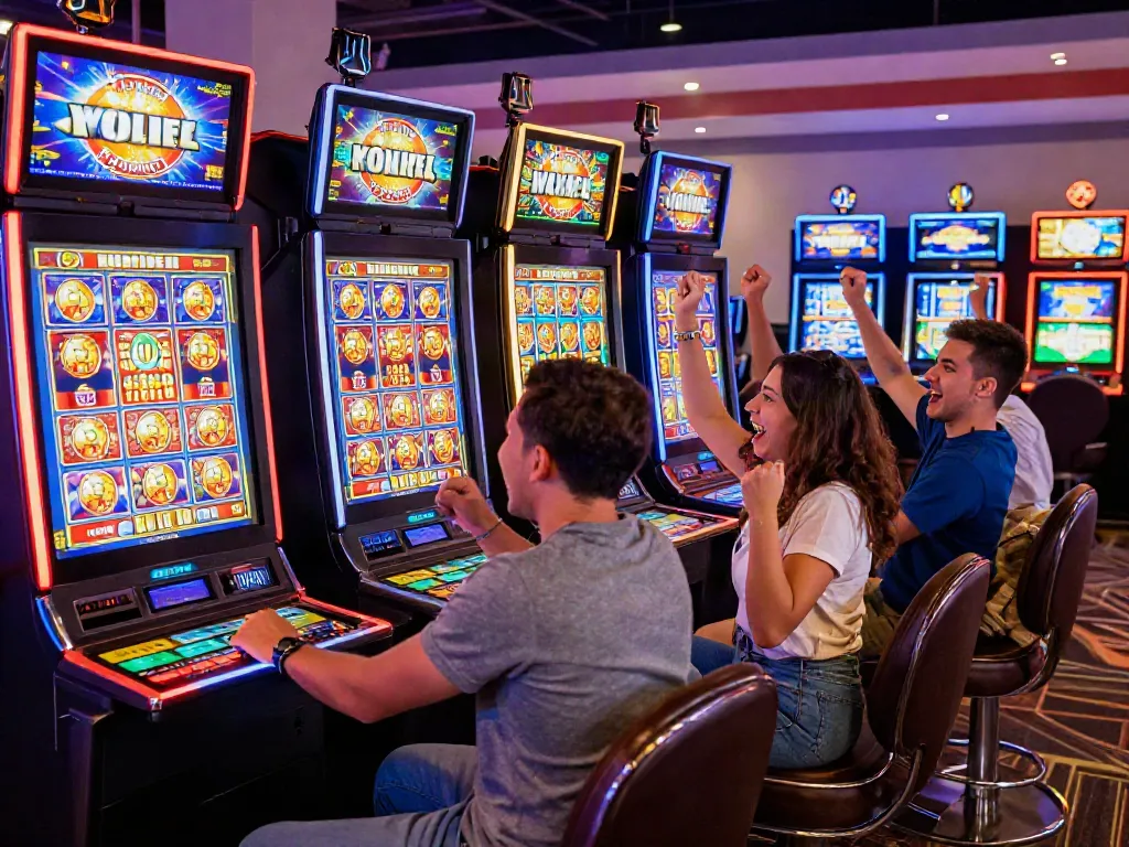 Excited players celebrating a big win at slot jackpot machines in a vibrant online casino.